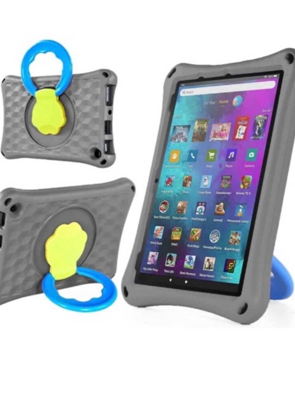 Protective Gray Kids Tablet Case with Blue Handle and Yellow Stand
